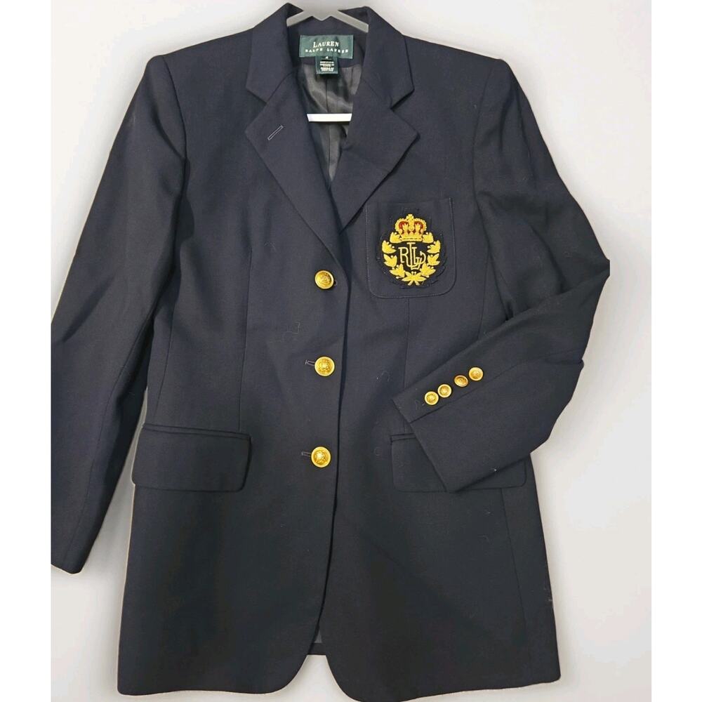 Vintage Lauren Ralph Lauren Crest Blazer Womens 4 Navy Wool Gold Buttons Preppy - Picture 2 of 15